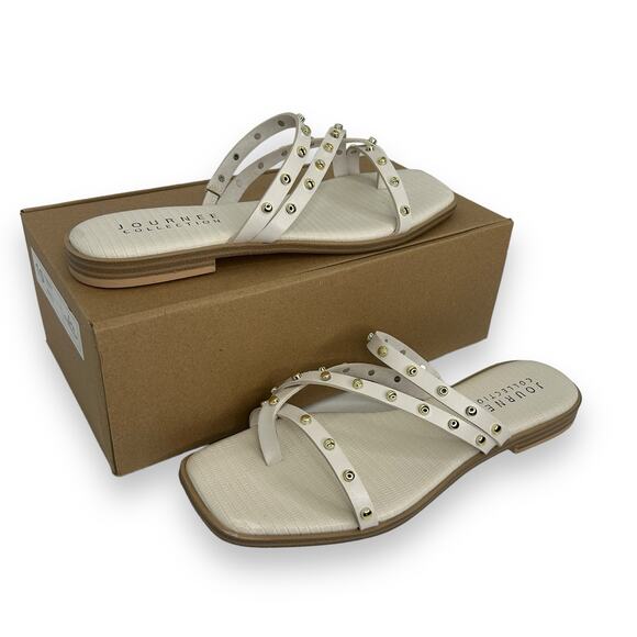 NEW Journee White Strappy Studded Sandals Size 10 Gold Beach Summer - Picture 6 of 10